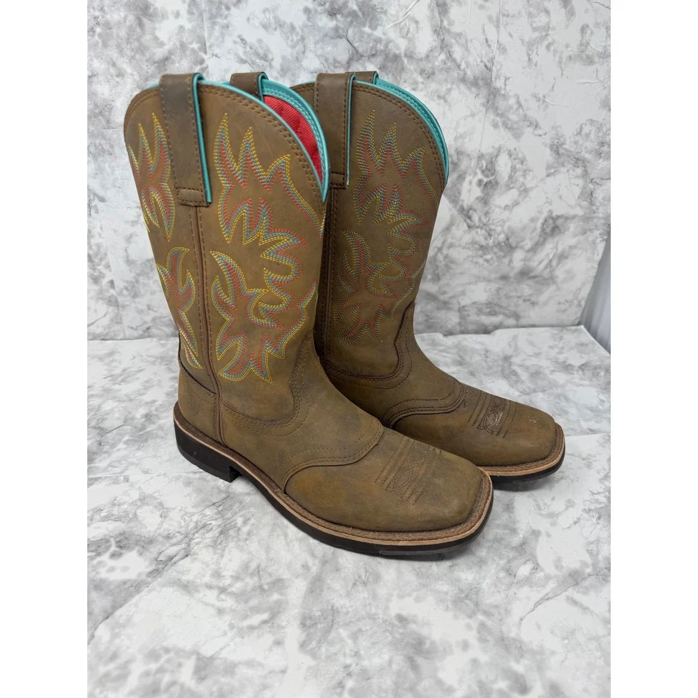 Ariat Fatbaby Western Boots Brown Leather Square Toe Turquoise Trim festival -7